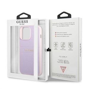 Guess IPHONE 13 PRO - SAFFIANO LEATHER PURPLE STAMP DESIGN METAL LOGO
